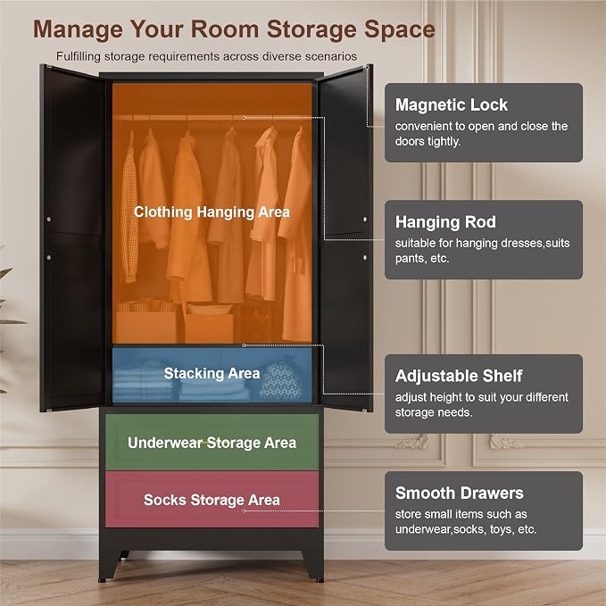 71" Tall Metal Wardrobe Cabinet - Image 4