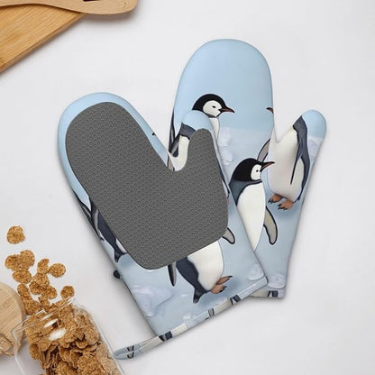 Cute Penguins Print Oven Mitts Set of 2, Heat Resistant Silicone Oven Mittens - Image 9