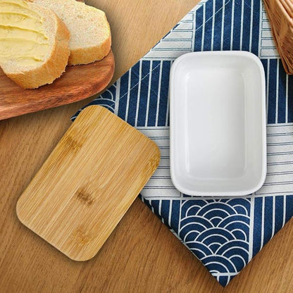 Porcelain Butter Dish with Lid, Ceramic Butter Dish with Bamboo Lip, Butter - Image 3