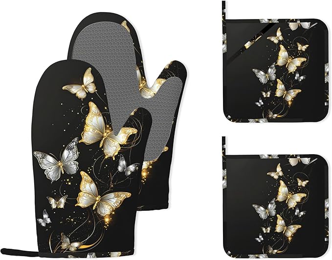 Golden Butterfly Heat-Resistant Silicone Oven Mitts and Pot Holders 4 Piece Set by Unknown