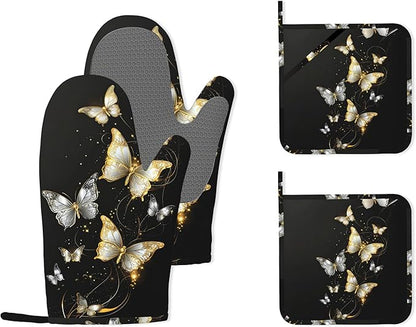 Golden Butterfly Heat-Resistant Silicone Oven Mitts and Pot Holders 4 Piece Set by Unknown