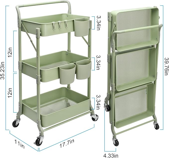 Foldable 3 Tier Rolling Cart, Metal Utility Cart, Folding Mobile Multi-Function - Image 5