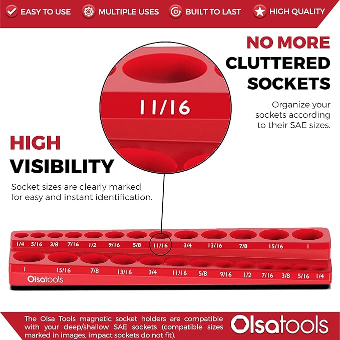Olsa Tools Magnetic Socket Organizer | 3/8-inch Drive | SAE | RED | Holds 26 - Image 2