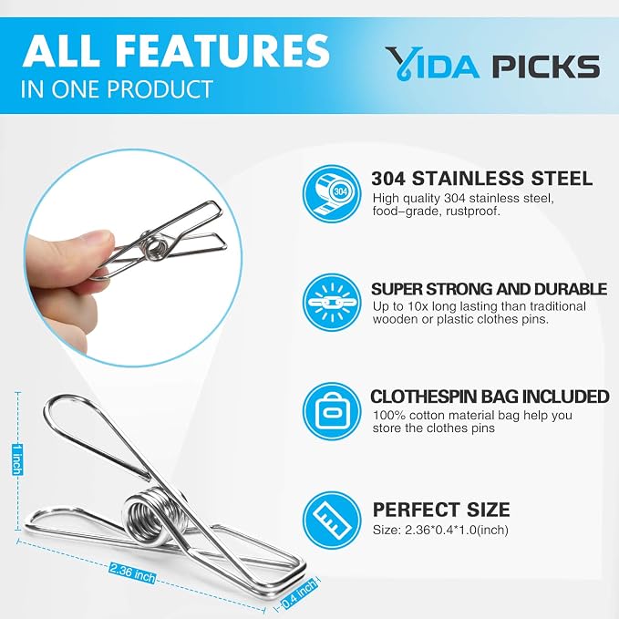 40 Pack Wire Clothes Pins Heavy Duty Outdoor, Stainless Steel ClothesPins - Image 2