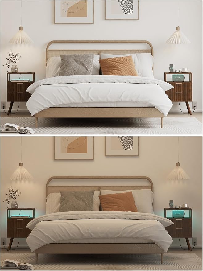 Nightstand with Charging Station and LED Lights, Modern Bedside Table with 2 - Image 3