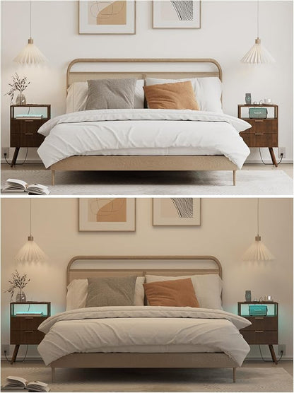 Nightstand with Charging Station and LED Lights, Modern Bedside Table with 2 - Image 3