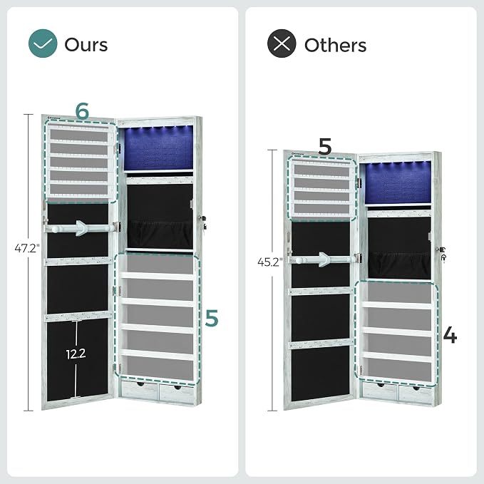 SONGMICS 6 LEDs Mirror Jewelry Cabinet, 47.2-Inch Tall Lockable Wall or Door - Image 7