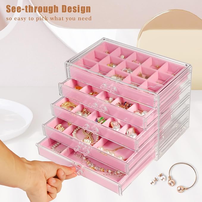 5 Drawers Clear Jewelry Box for Women and Girls, Acrylic Earring Holder - Image 3