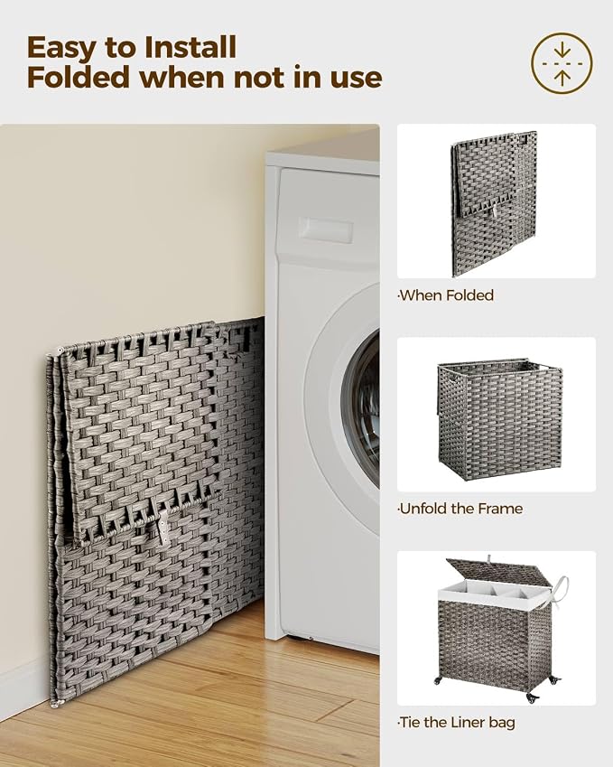 GREENSTELL Laundry Hamper with Wheels&Lid, 130L Large 3 Sections Clothes Hamper - Image 8