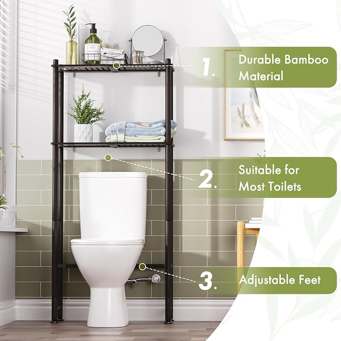 AmazerBath Bamboo Over The Toilet Storage Shelf, 2-Tier Over Toilet Bathroom - Image 4