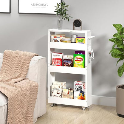 Slim Storage Cart, 5 in Width, 4-Tier White Rolling Cart - Image 4