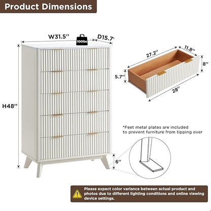 T4TREAM Fluted 5 Drawers Dresser, Curved Profile Design, Wood Drawer Organizer - Image 2
