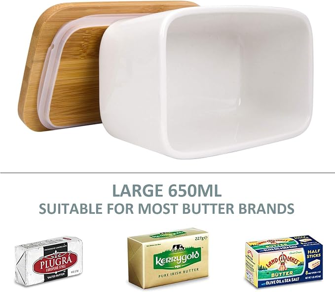 Butter Dish with Lid, LARGE 650ml Porcelain Keeper with Bamboo Lid Cover - Image 4
