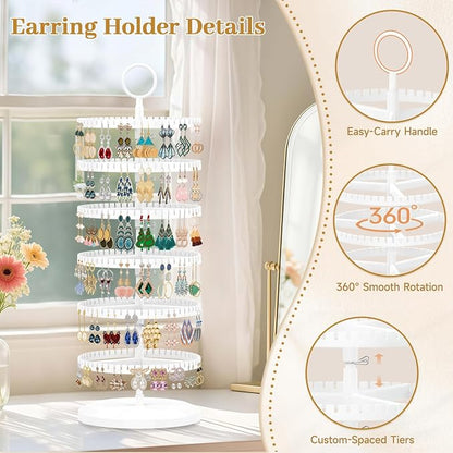 MODOWEY Rotating Earring Holder Organizer Adjustable Display, 6 Tiers White | - Image 4