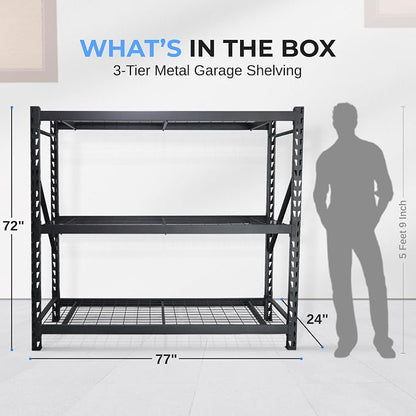 SereneLife Heavy Duty 3-Tier Metal Garage Shelving | 24" x 77" x 72" Extra Wide - Image 2