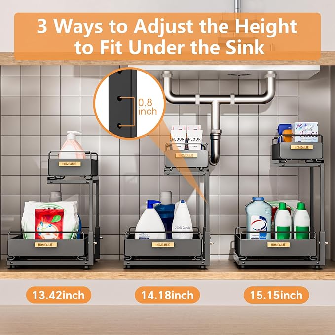 Under Sink Organizer, High Adjustable 2 Tier Under Kitchen Sink Organizer - Image 2