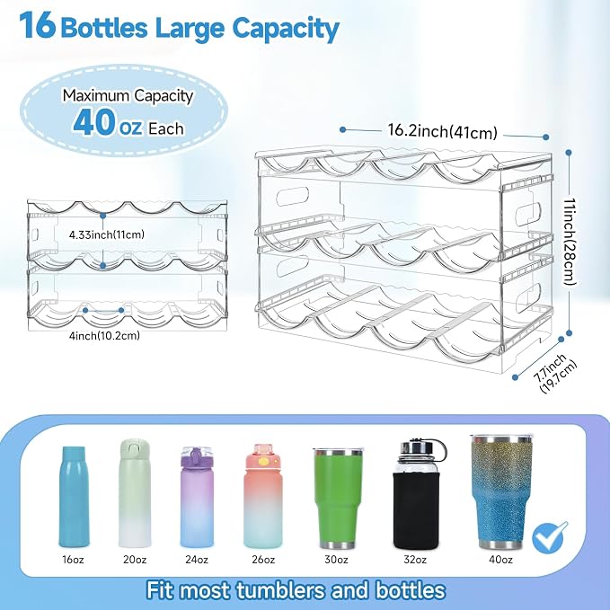Large Compartment Water Bottle Organizer Rack, 3 Pack Stackable Tumbler Storage - Image 3