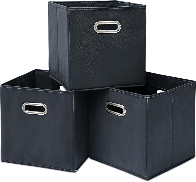 Black Fabric Cubby Storage Bins, Cube Organizer Bin Foldable Storage Boxes by Yunkeeper