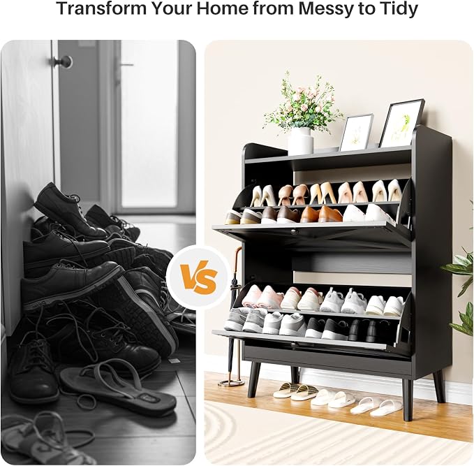 Shoe Storage Cabinet with 2 Flip Drawers, Freestanding Entryway Shoe Cabinet - Image 7