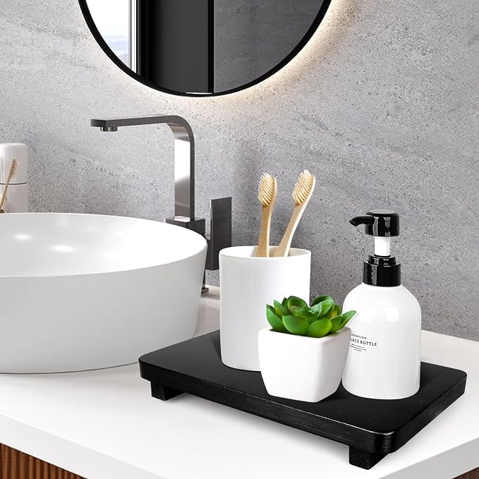 Black Bathroom Counter Organizer Wood Risers Display Pedestal Stand Farmhouse - Image 3