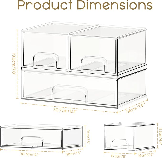 Stackable Storage Drawers, 3 Pack Clear Acrylic Makeup & Bathroom Organizer - Image 2