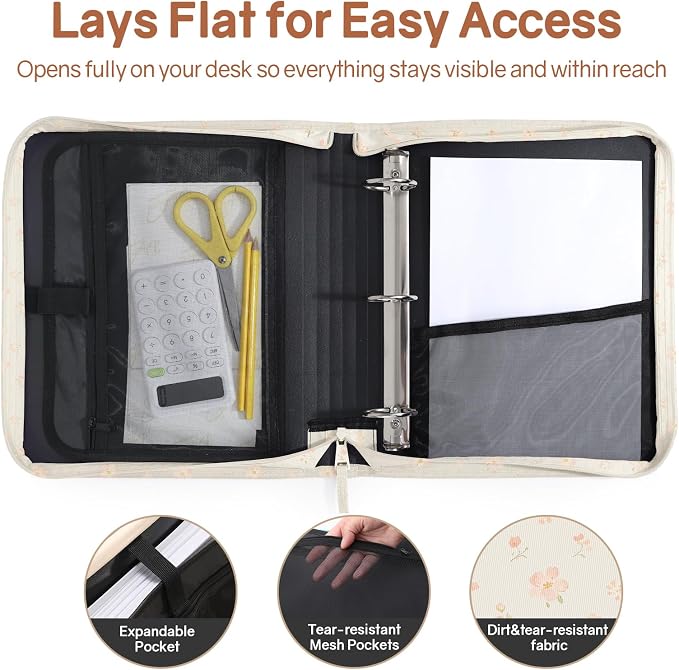 SUNEE Zippered Binder Bag with Handle, 2-Inch 3-Ring O-Ring, 500-Sheet Capacity - Image 4