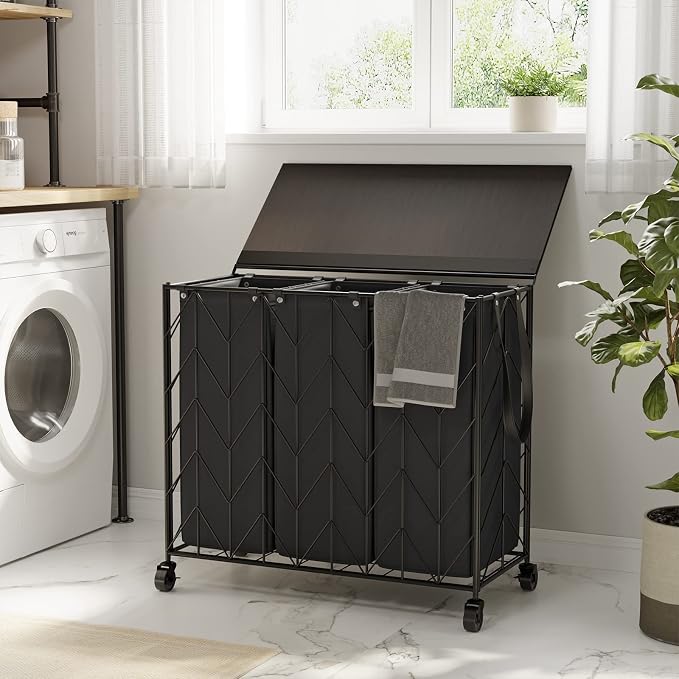 WOWLIVE Laundry Basket with Wheels, 142L Hamper 3 Section with Lid, Dirty - Image 2