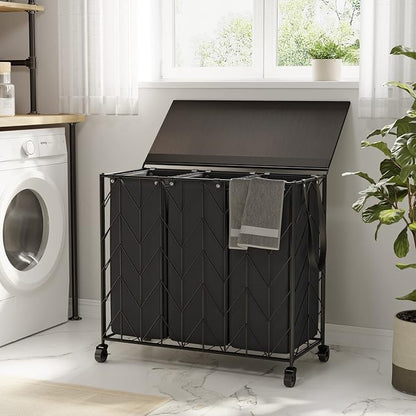 WOWLIVE Laundry Basket with Wheels, 142L Hamper 3 Section with Lid, Dirty - Image 2