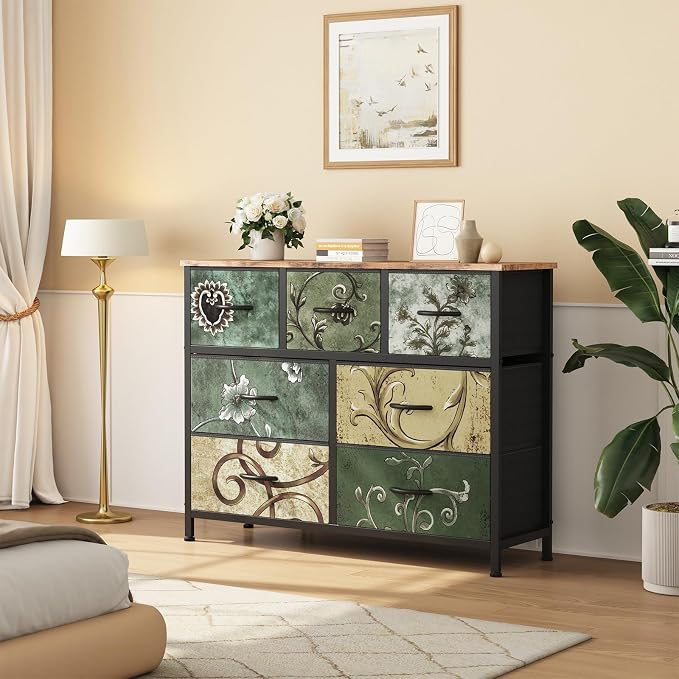 Sweetcrispy 7 Drawer Dresser for Bedroom Storage, Fabric Bins, Floral Print | - Image 2