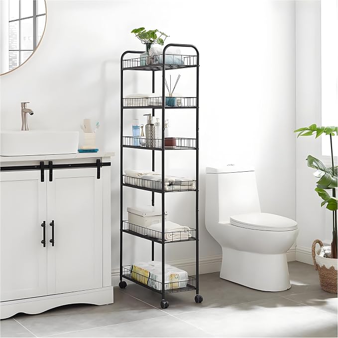 6-Tier Slim Storage Cart with Wheels, 10in Wide Black Narrow Rolling Shelf - Image 6