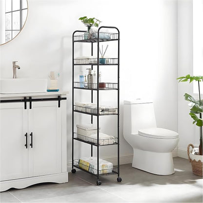 6-Tier Slim Storage Cart with Wheels, 10in Wide Black Narrow Rolling Shelf - Image 6