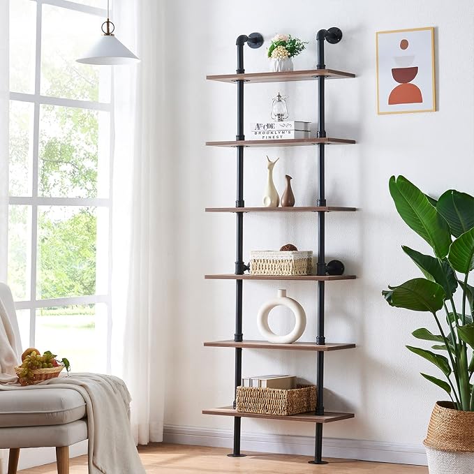 HOMBAZAAR Industrial Pipe Bookshelf, 6 Tier Pipe Shelving, Wall Mounted Ladder - Image 4