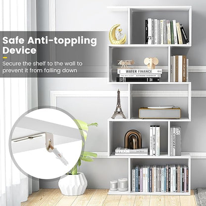 5-Tier Geometric Bookcase, 62.5” Freestanding Room Divider Bookshelf - Image 4