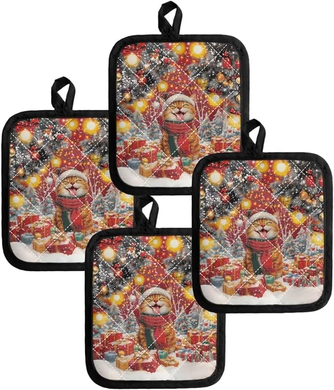 4 Pcs Christmas Brown Cat Lights Pattern Red Pot Rack Holder Set - Image 4