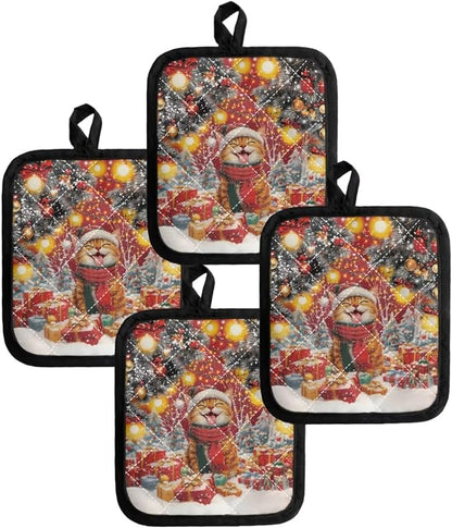 4 Pcs Christmas Brown Cat Lights Pattern Red Pot Rack Holder Set - Image 4