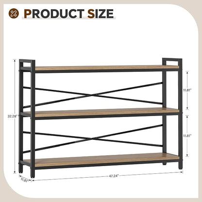 3 Tier Bookcase 47.24" Width, Long Industrial Book Shelf, Vintage Wooden Large - Image 3
