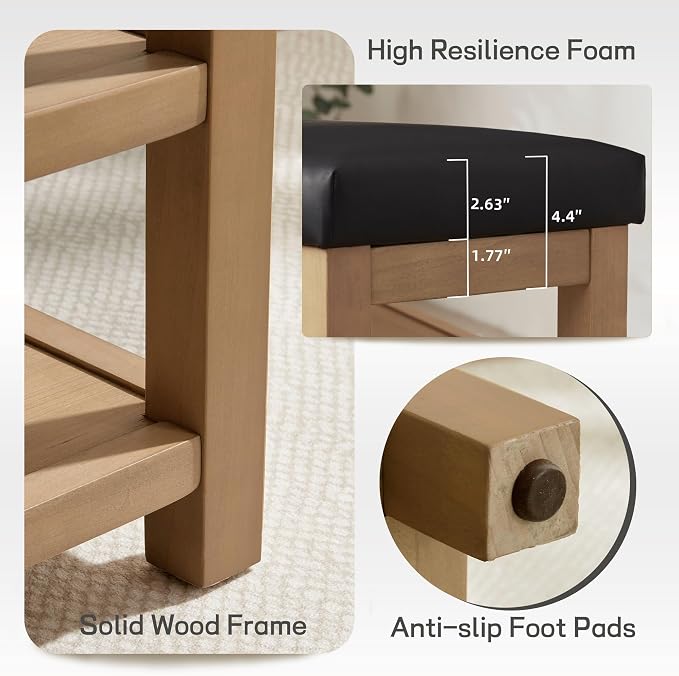 Zihanhome Shoe Rack Bench with Leather Cushion, 2 Tier Solid Wood Storage Bench - Image 8