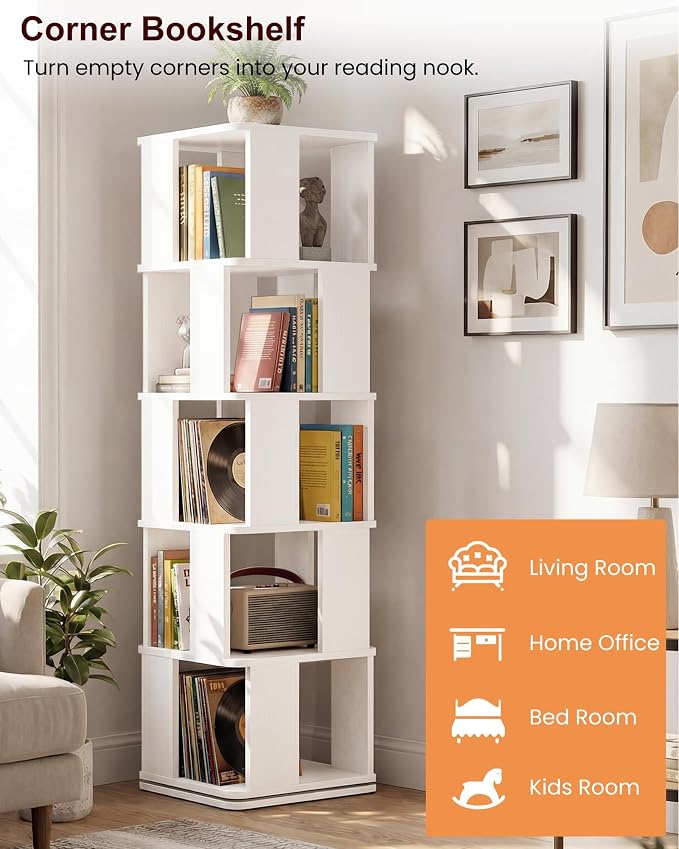 5-Tier Rotating Bookshelf Tower, 360° Square Spinning Book Shelf | Floor - Image 6