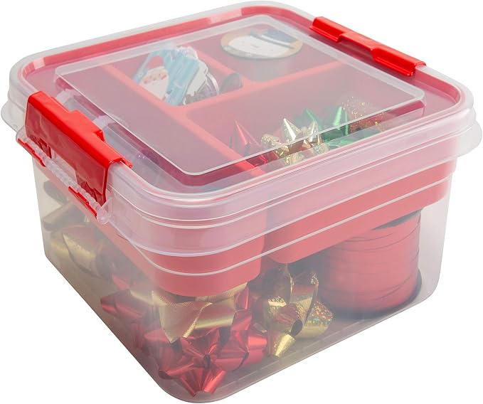 Simplify 5 Compartment Gift Supply Storage Box | 2 Tier Box | Red | Clear Top - Image 10