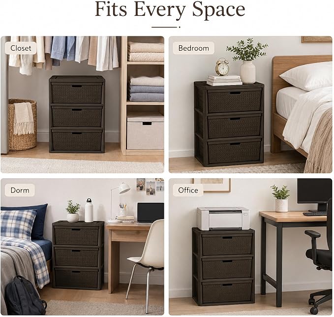 3 Drawer Wide Storage Tower, Cross-Weave Plastic, Espresso Brown | Tool-Free - Image 7