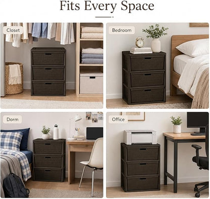 3 Drawer Wide Storage Tower, Cross-Weave Plastic, Espresso Brown | Tool-Free - Image 7