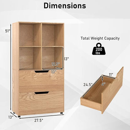 Giantex Bookshelf with 4 Cubes & 2 Drawers, 51” Tall Floor Bookcase with - Image 3