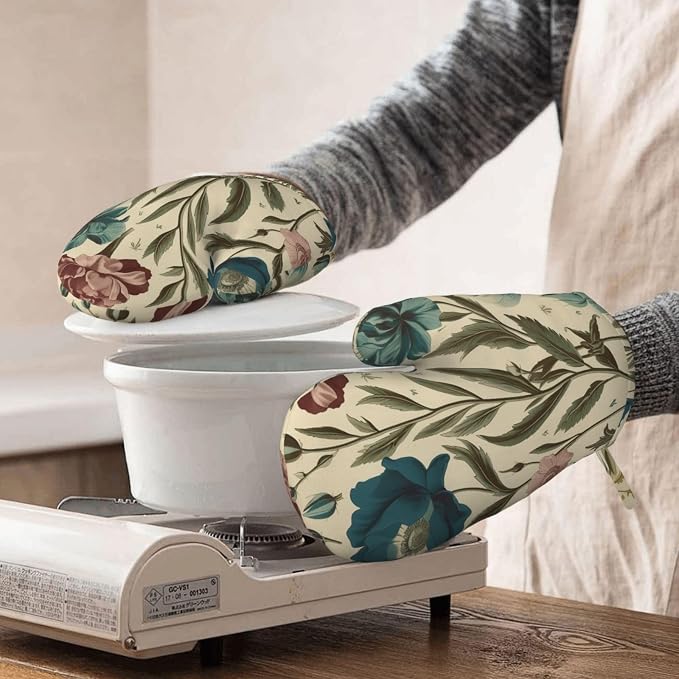 Floral Print Oven Mitts Set of 2, Heat Resistant Silicone Oven Mittens Gloves - Image 8