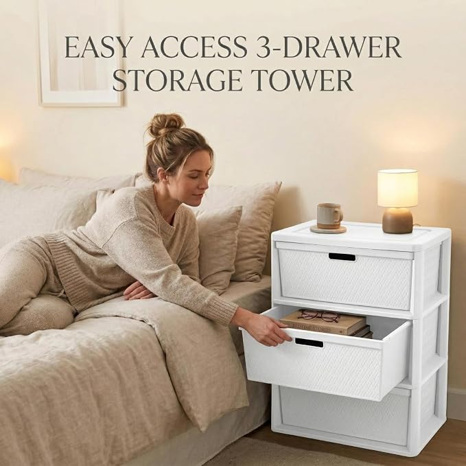 Premium Wide 3-Drawer Plastic Storage Tower, Decorative Opaque White Weave - Image 7