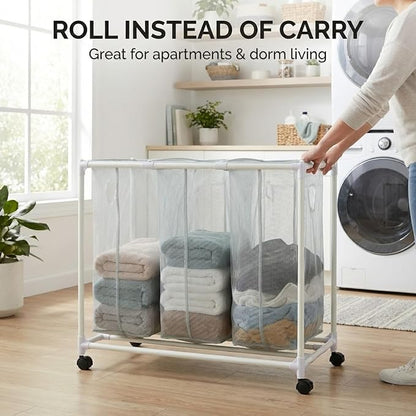 3-Bag Mesh Rolling Laundry Sorter Cart, Soft Silver, Removable Washable Bags - Image 6