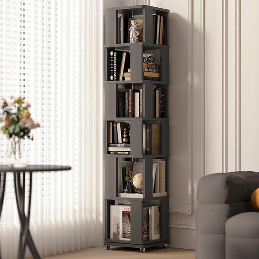 6 Tier Solid Wood Rotating Bookshelf Tower on Wheels, 360° Upgrade Spinning by Easyego