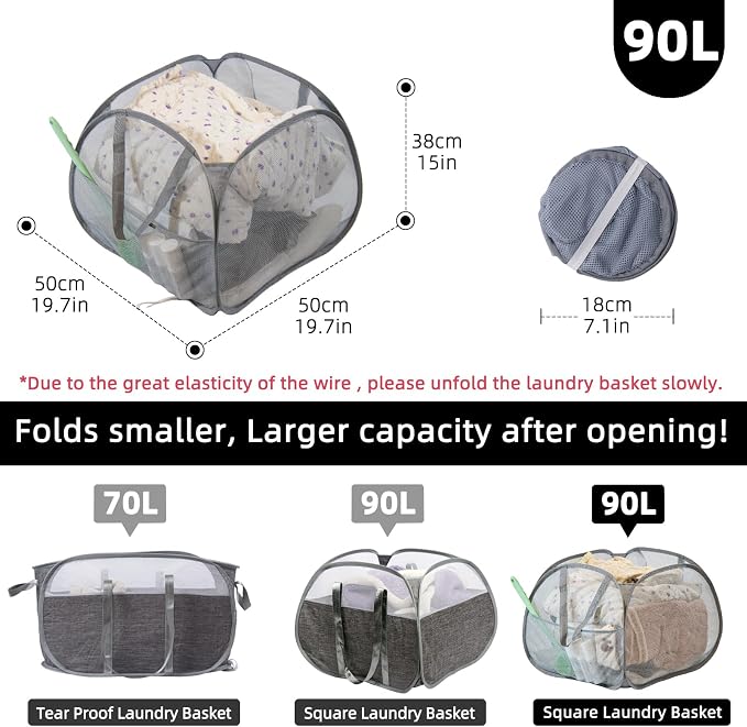 Collapsible Laundry Basket, 90L Mesh Pop-up Hamper - Image 2