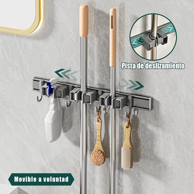 Broom Holder Wall Mount Movable Hooks and Clips Mop and Broom Hanger Wall - Image 3