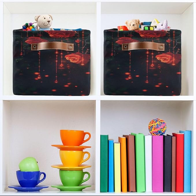 Red Roses Black Storage Bins Box Foldable Shelf Basket - Image 6