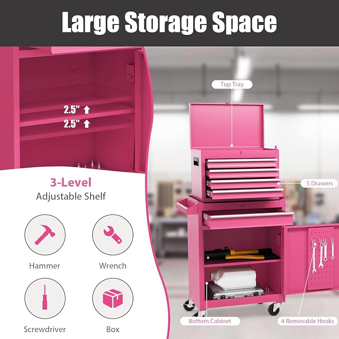 Goplus Pink Tool Chest, 5 Drawers Rolling Tool Cabinet w/Detachable Top Toolbox - Image 8